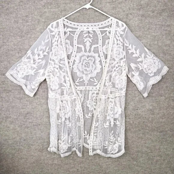 Entro White Sheer Boho Embroidered Lace Kimono Jacket Blouse M Cottagecore - Picture 4 of 15